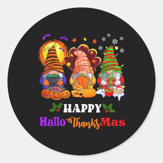 Sticker Rond Hallothanksmas Gnomes Halloween Thanksgiving Joyeu (Devant)