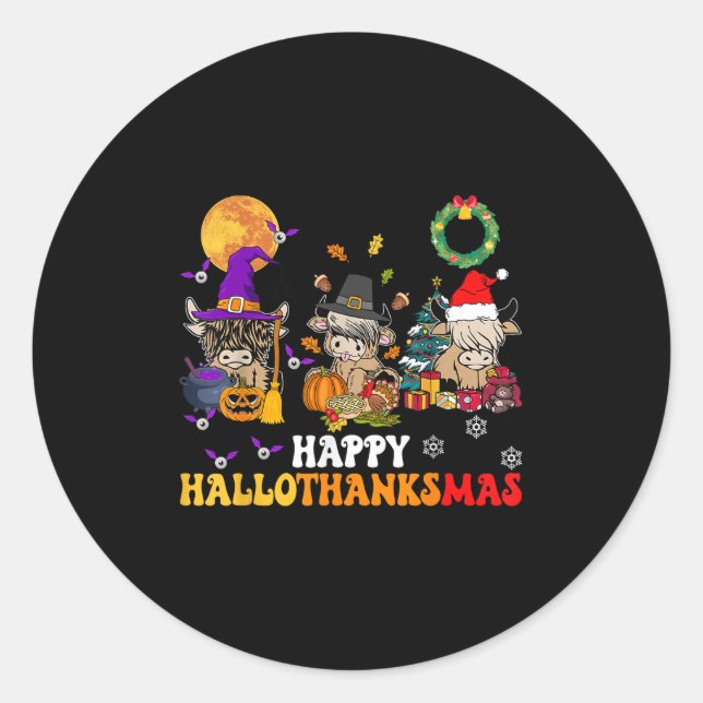 Sticker Rond Hallothanksmas Highland Cow Halloween Christmas Th (Devant)