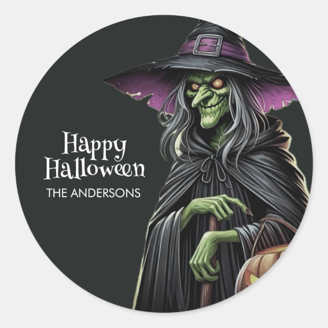 Sticker Rond Halloween à thème de sorcière effrayant (Devant)