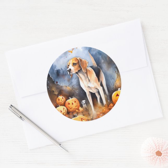Sticker Rond Halloween American English Foxhound avec citrouill (Enveloppe)