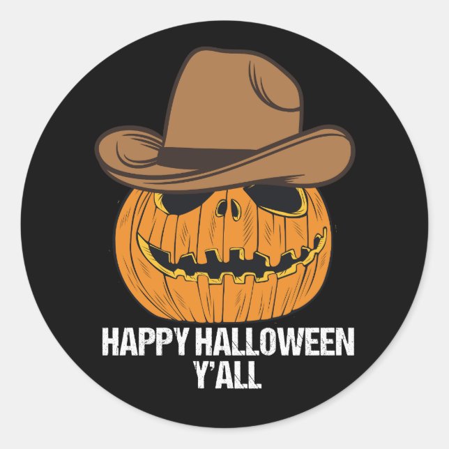 Sticker Rond Halloween amusant Y'all Cowboy Jack-o'-lantern (Devant)
