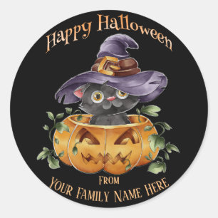 Sticker Rond Halloween - Aquarelle Cute Kitten en Citrouille