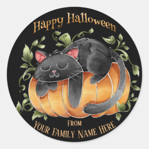 Sticker Rond Halloween - Aquarelle Cute Kitten et Citrouille
