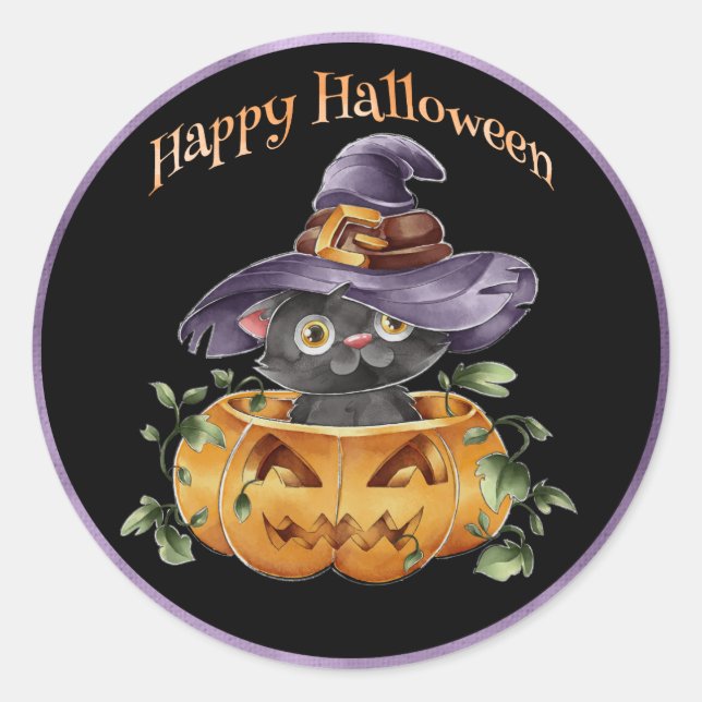 Sticker Rond Halloween - Aquarelle Cute Kitting en Citrouille (Devant)