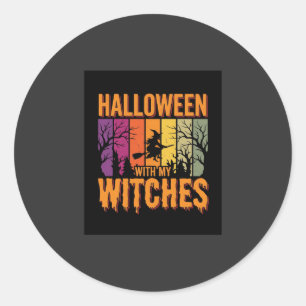Sticker Rond Halloween Avec Mes Sorcières Rétro Coucher de sole