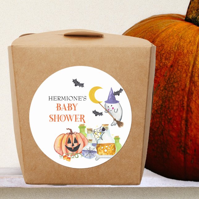 Sticker Rond Halloween Baby shower fantôme et potion magique (Stickers for Halloween baby shower with cute witchy ghost, spooky lettering and baby making potions)