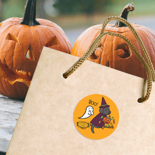 Sticker Rond Halloween Black Labrador et Broom