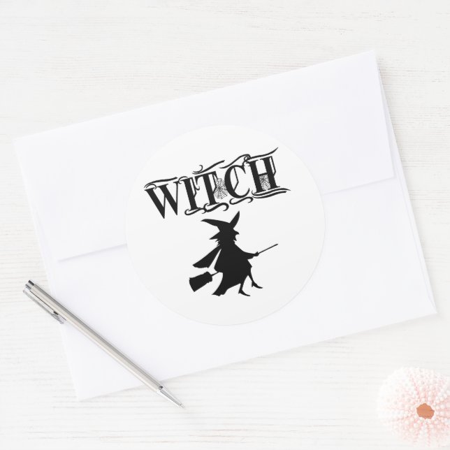 Sticker Rond Halloween Black Wicked Flying Witch (Enveloppe)