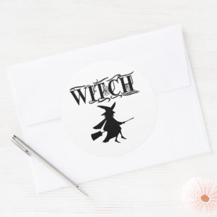 Sticker Rond Halloween Black Wicked Flying Witch