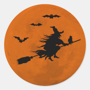 Sticker Rond Halloween Black Wicked Witch Flying Orange Moon