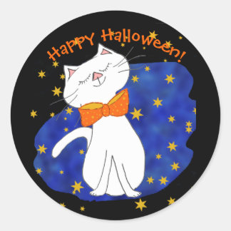 Sticker Rond Halloween blanc Cate Bleu étoile nuit