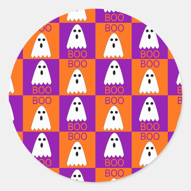 Sticker Rond Halloween Boo Ghost Purple et Carrés orange (Devant)
