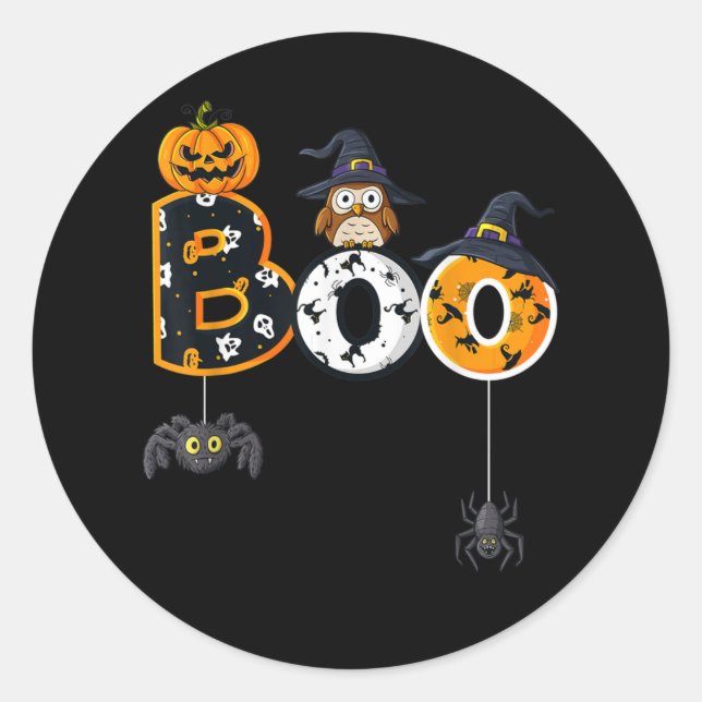 Sticker Rond Halloween Boo Owl avec sorcière Casquette araignée (Devant)