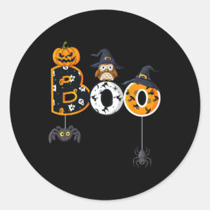 Sticker Rond Halloween Boo Owl Avec Sorcière Casquette Araignée