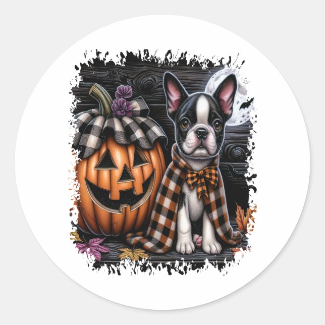 Sticker Rond Halloween Boston Terrier Dog (Devant)