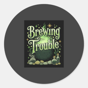 Sticker Rond Halloween Brasse des Ennuis Sorcière Chaudron Poti