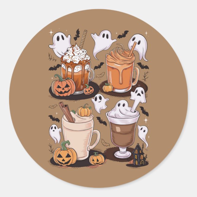 Sticker Rond Halloween Café Cute Fall Iced Café Lover Cadeau (Devant)