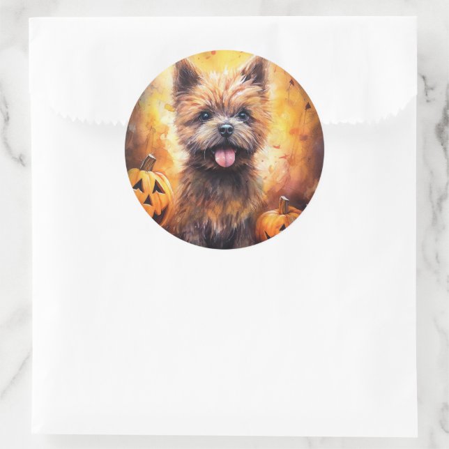 Sticker Rond Halloween Cairn Terrier Avec La Peur Citrouille (Sac)
