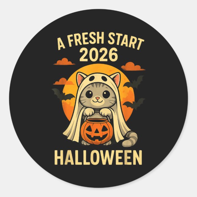 Sticker Rond Halloween Cat Ghost Graphic - Fresh Start 2026  (Devant)