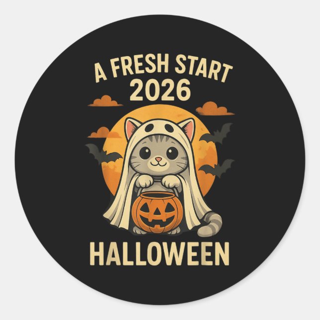 Sticker Rond Halloween Cat Ghost Graphic - Fresh Start 2026  (Devant)