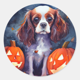 Sticker Rond Halloween Cavalier King Charles Citrouille espagno