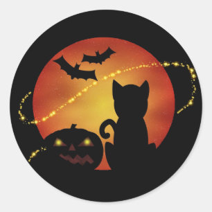 Sticker Rond Halloween Chat Citrouille et chauves-souris Silhou