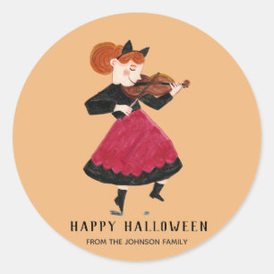 Sticker Rond Halloween chat fille avec robe rose