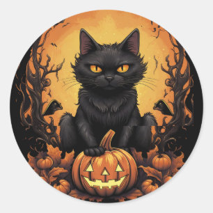 Sticker Rond Halloween   Chat noir et Citrouille