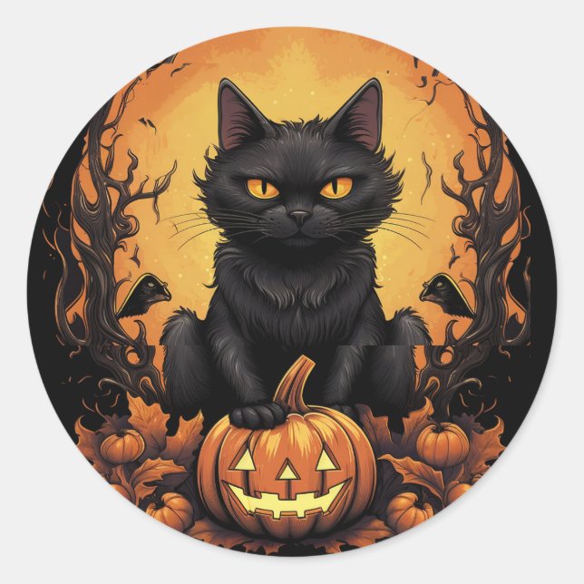 Sticker Rond Halloween | Chat noir et Citrouille (Devant)