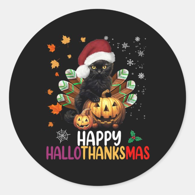 Sticker Rond Halloween Chat Noir Halloween Hallothanksmas Joyeu (Devant)