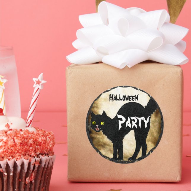 Sticker Rond HALLOWEEN Chat Noir Imprimé Papier Brûlé Mignon (Fête)