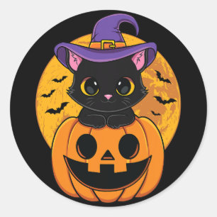 Sticker Rond Halloween Chat Noir Sorcière Casquette Citrouille
