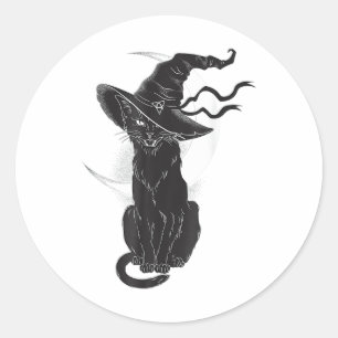 Sticker Rond Halloween Chat Noir Sorcière Casquette Lune