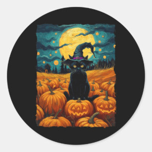 Sticker Rond Halloween Chat noir Van Gogh Witch Kawaii Citrouil