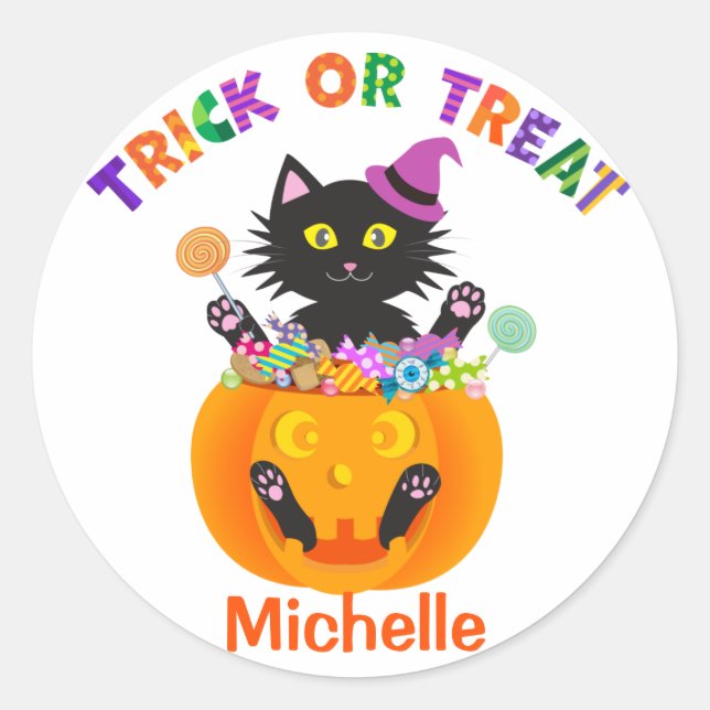 Sticker Rond Halloween Chat Tricoter Ou Traiter (Devant)