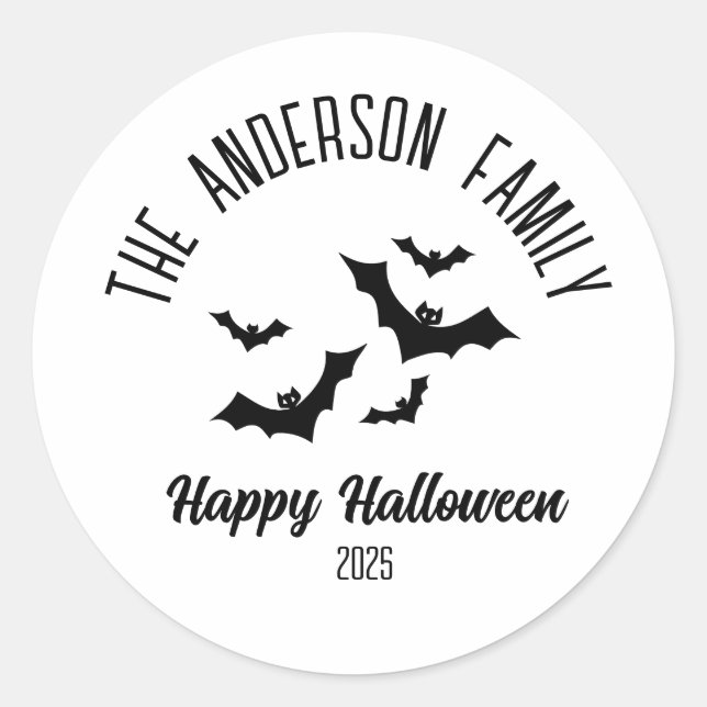 Sticker Rond Halloween chauves-souris noires Nom personnalisé A (Devant)