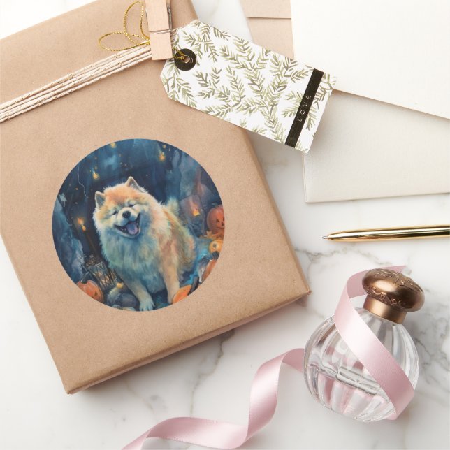 Sticker Rond Halloween Chow Chow Avec La Peur Citrouille (Cadeaux)