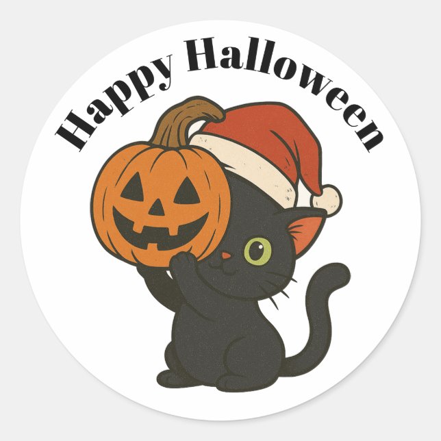 Sticker Rond Halloween Citrouille de tenue de chats noirs (Devant)