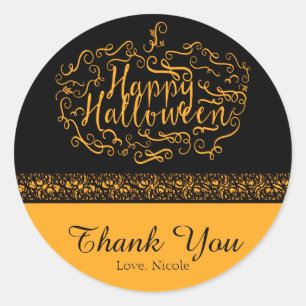 Sticker Rond Halloween Citrouille Elégant Black Orange Party Fa
