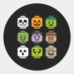 Sticker Rond Halloween Citrouille en tête de brique de construc