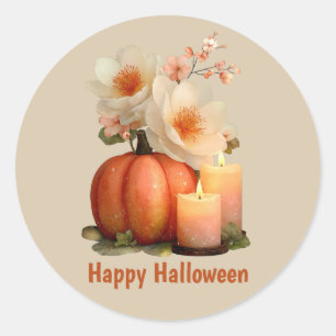 Sticker Rond Halloween Citrouille et Fleurs élégant