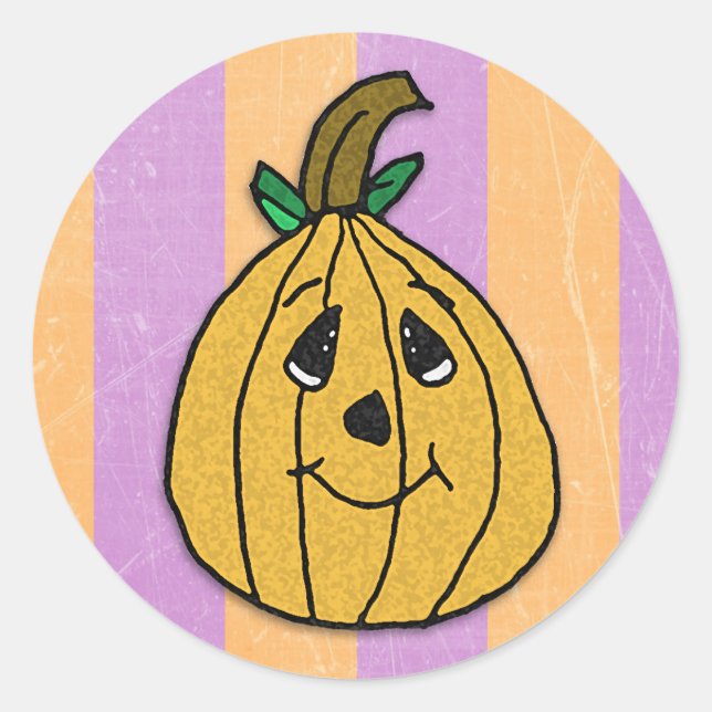 Sticker Rond Halloween Citrouille rayé violet et orange (Devant)