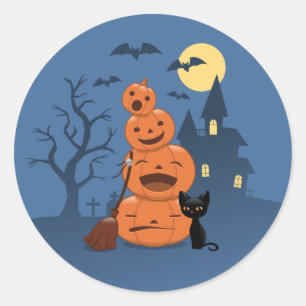 Sticker Rond Halloween Citrouilles et chat noir