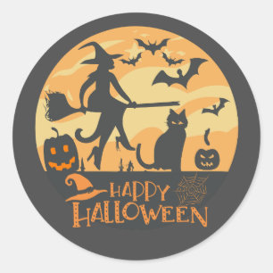 Sticker Rond Halloween City et les chats noirs