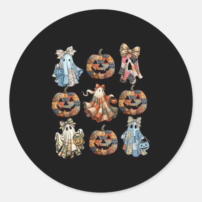 Sticker Rond Halloween Coquette Bow Citrouille Ghost Patchwork  (Devant)