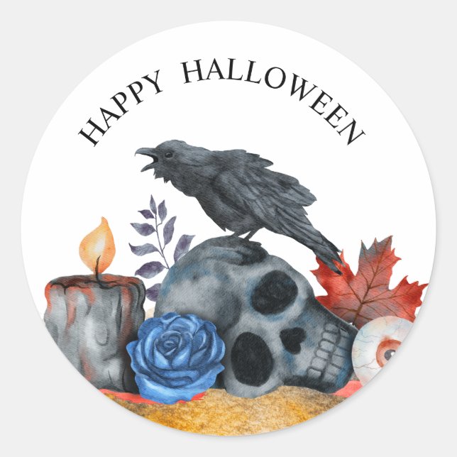 Sticker Rond Halloween corbeau crâne eyball aquarelle (Devant)