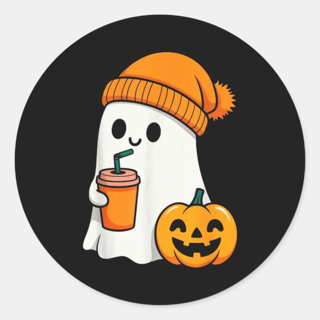 Sticker Rond Halloween Costume Ghost Drinking Pumpkin Men Women (Devant)