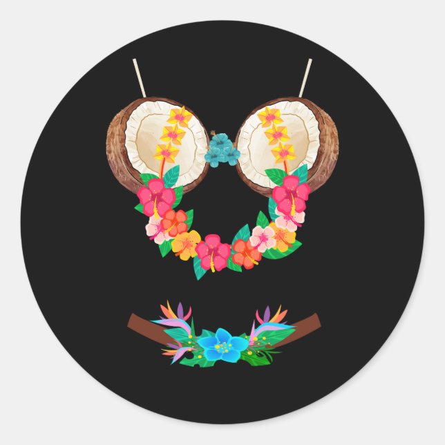 Sticker Rond Halloween Costume Tropical Coconut Bra Fleurs Lei (Devant)