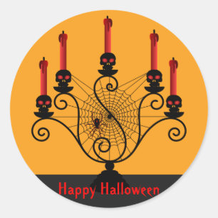 Sticker Rond Halloween Crâne Candelabra et Araignée