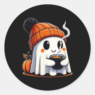 Sticker Rond Halloween Cute Kawaii Ghost Boire Café Femmes